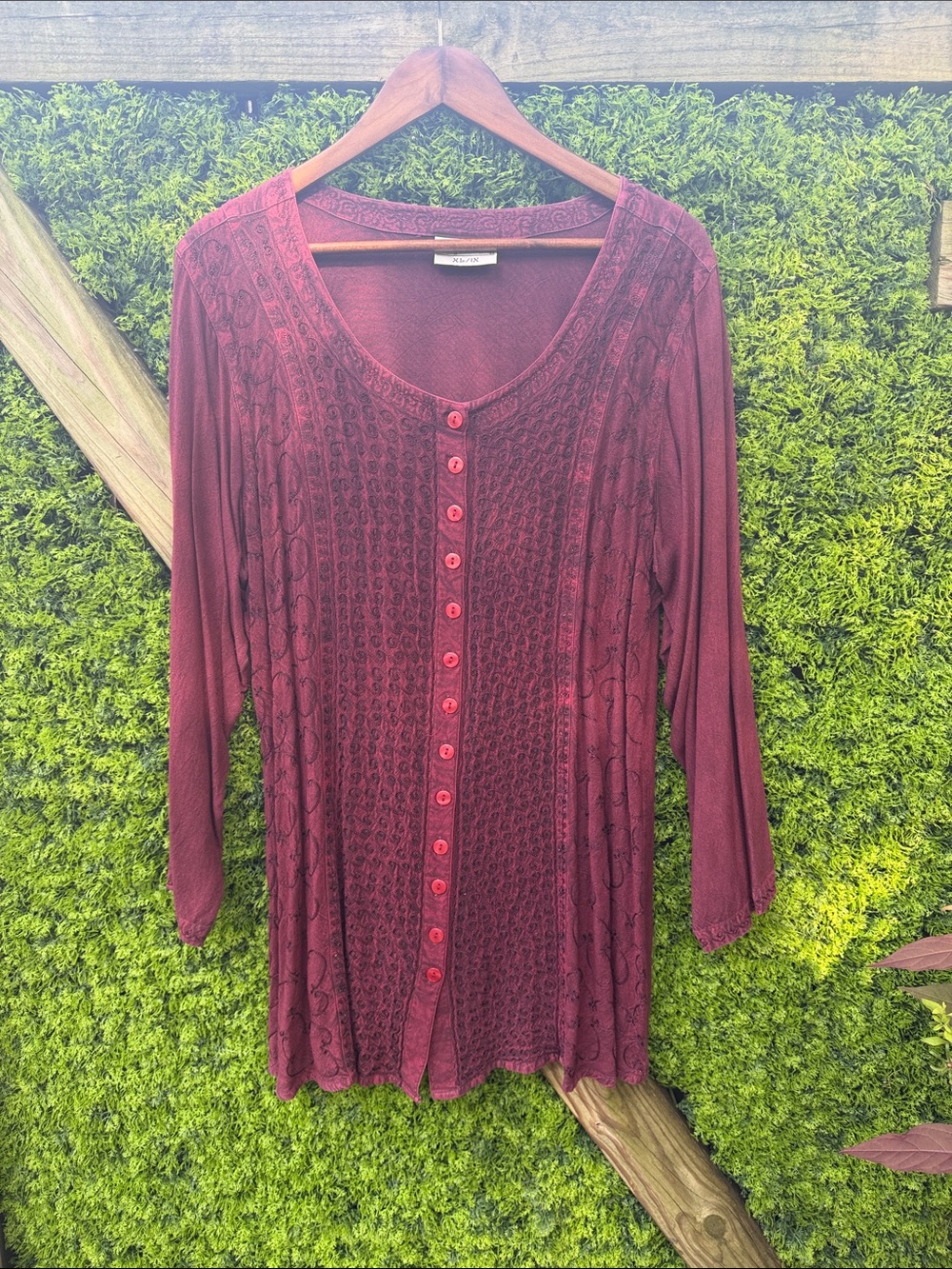 Vintage Burgundy Button-Front Embroidered Dress